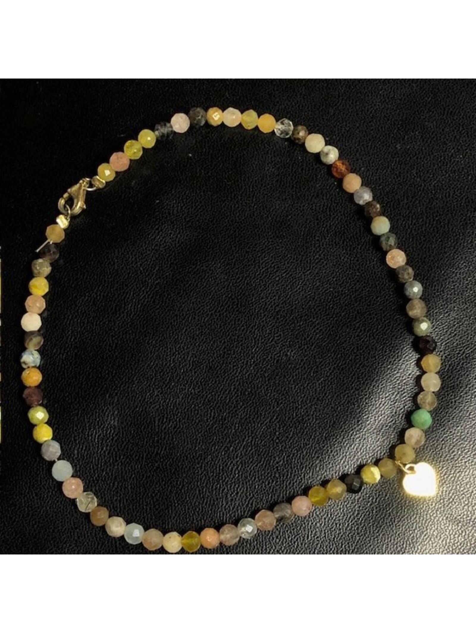 B0982 Sterling Silver Faceted Tone Beaded Bracelet Dainty Gold Heart Charm 9.5"